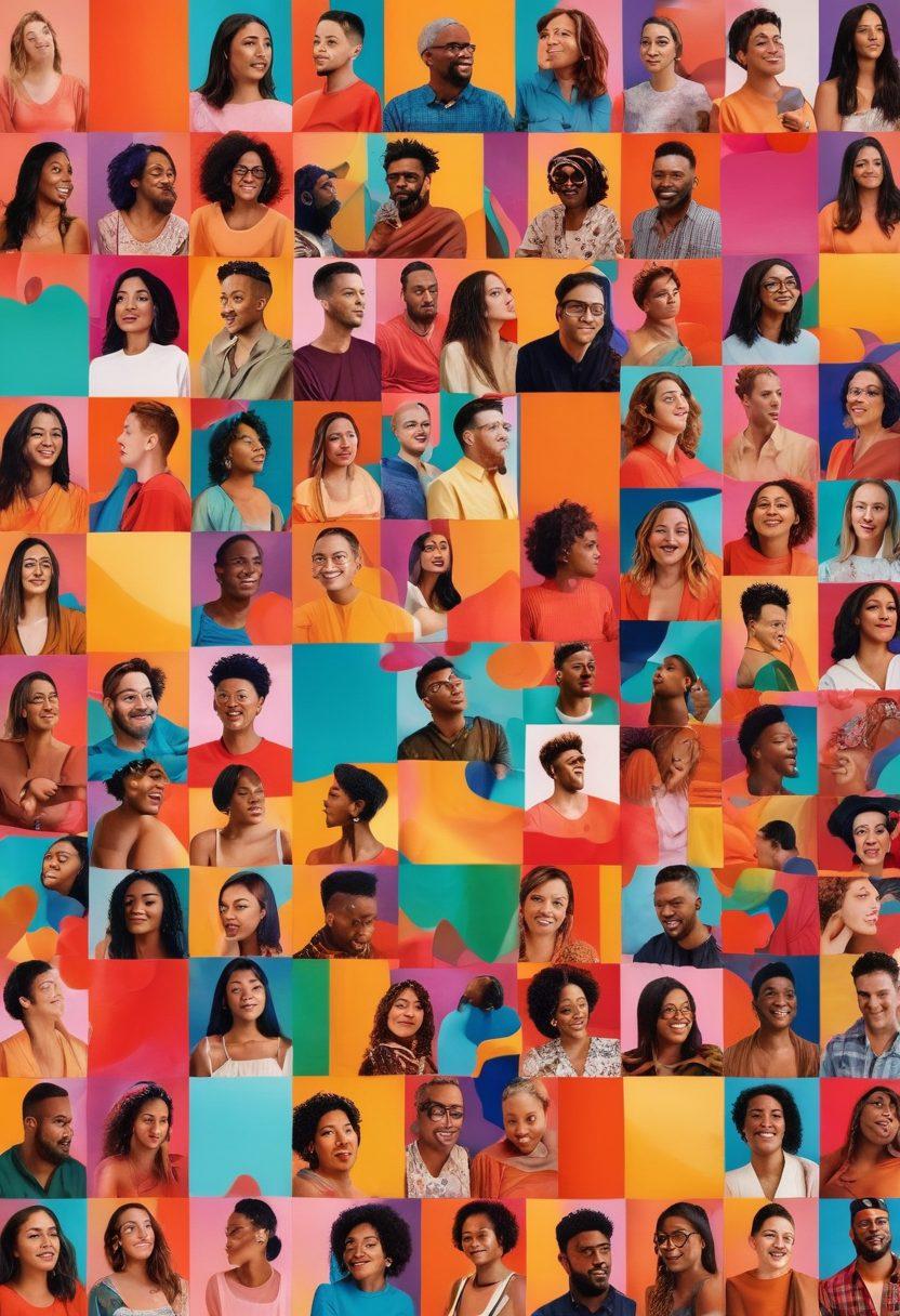 A vibrant collage depicting diverse individuals, showcasing both heterosexual and LGBTQ+ themes in adult streaming. Include elements like colorful streaming icons, playful abstract shapes, and silhouettes of various couples engaged in intimate scenes. The atmosphere should be inclusive and celebratory, capturing the essence of exploration and diversity. Use bright colors and modern design elements to convey a contemporary feel. abstract art. vibrant colors. digital collage.